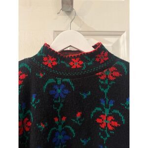 Vintage Justin Allen Acrylic Black Floral Mock Neck Sweater sz L EUC